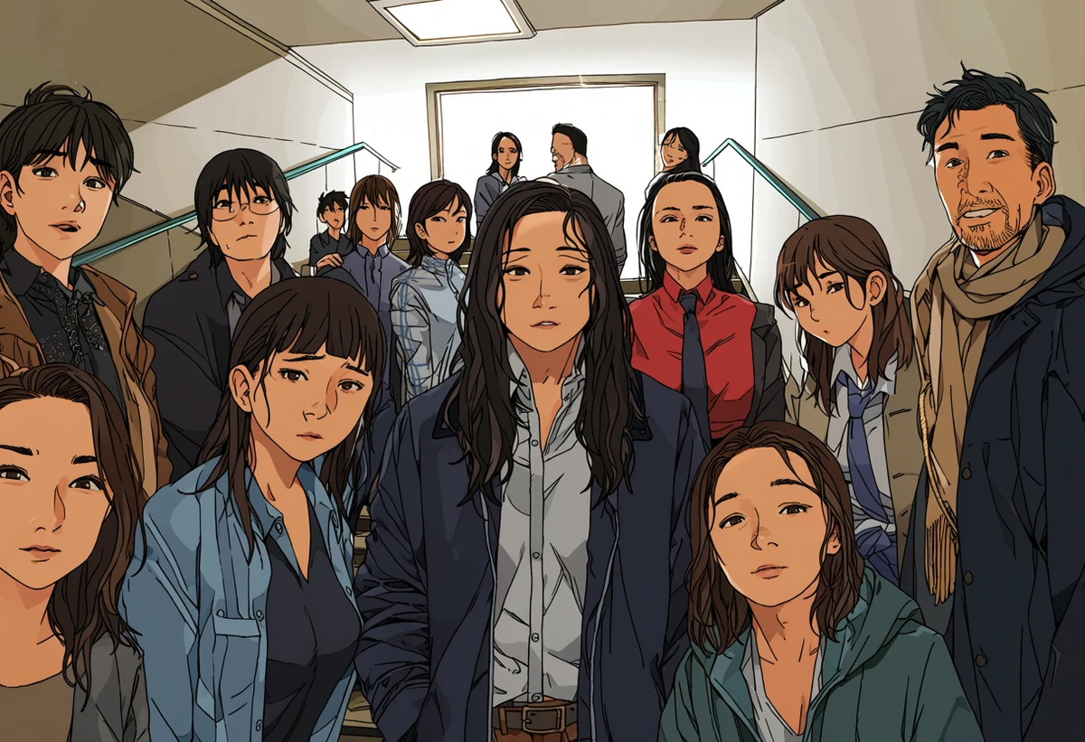 an adult couple age 37 and 33 in a stairwell, one having just arrived unannounced with a wet coat, decision made, hard overhead light, adult drama manhwa art style