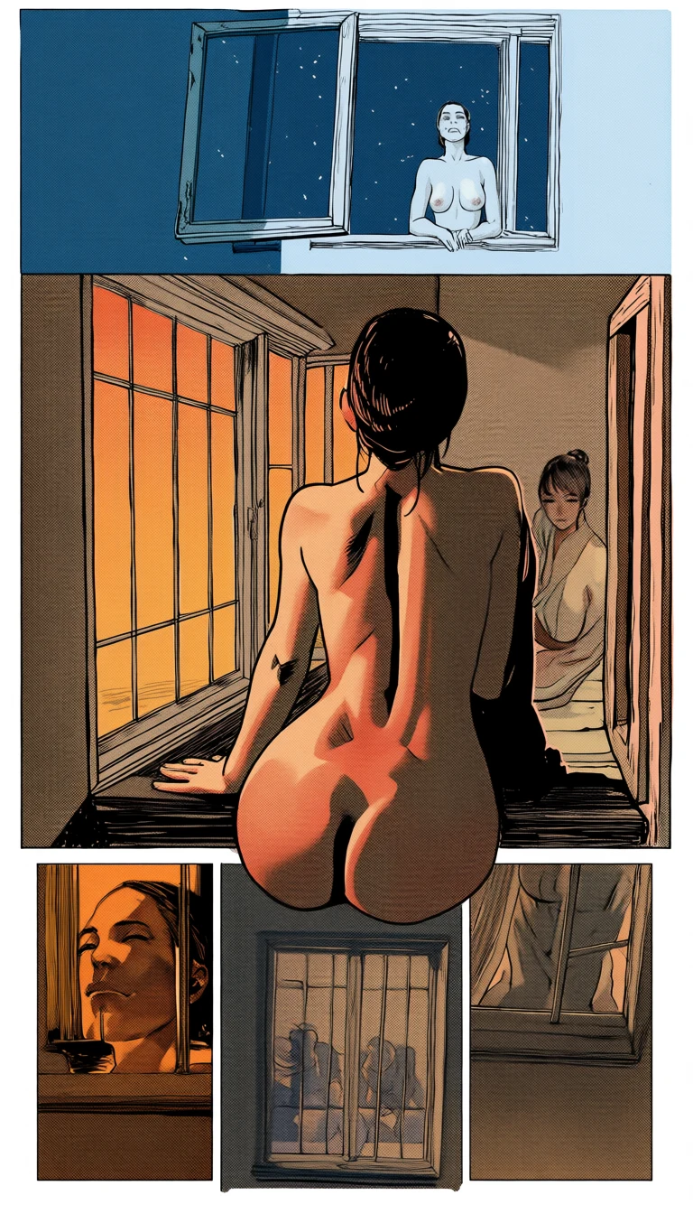 a nude adult woman age 35 seated on a windowsill at dawn in one large comic panel, with two small inset panels of the night before, ink borders, adult hentai comic page