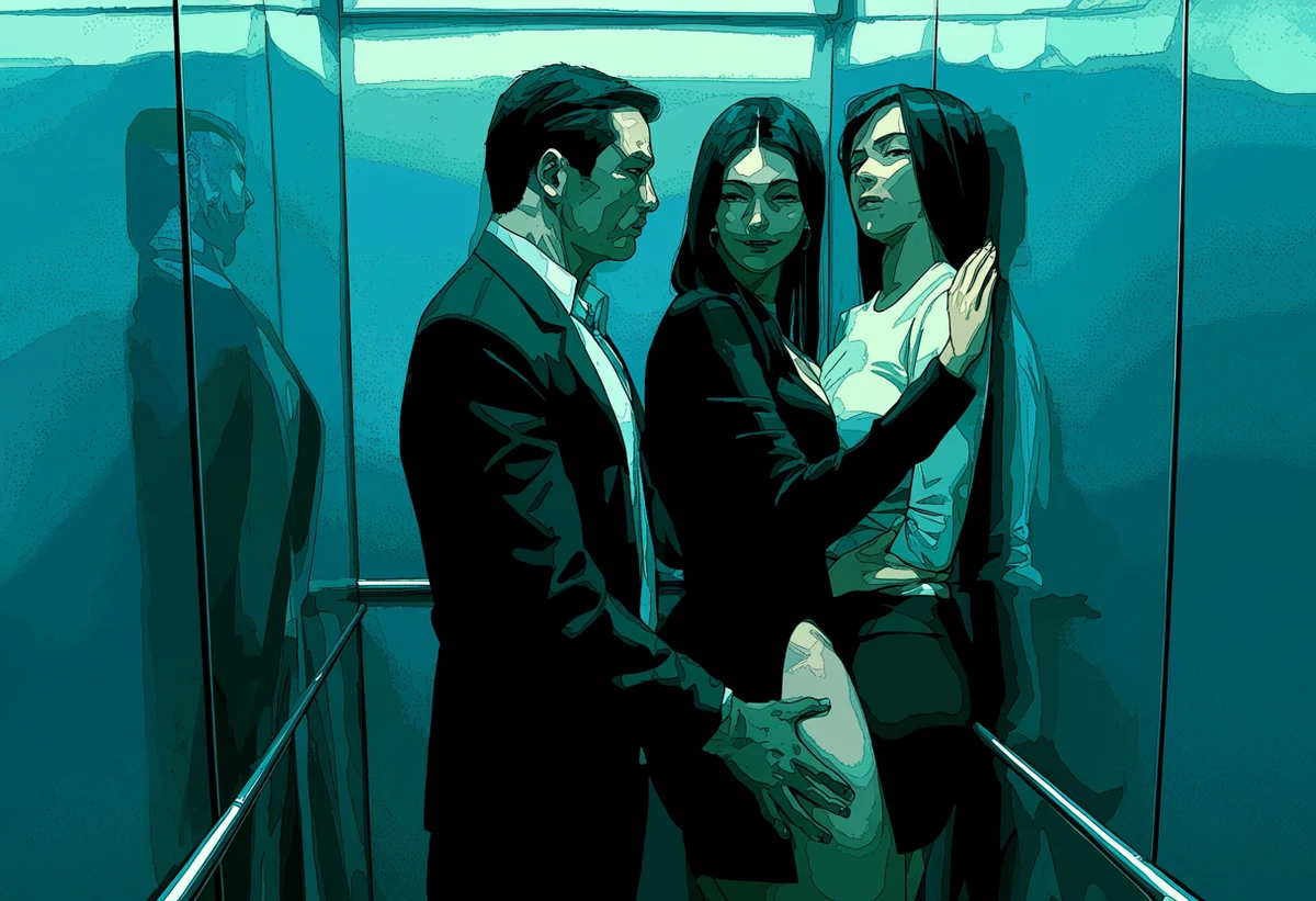an adult couple age 33 and 38 pressed into the corner of a private elevator, mirrored walls repeating them, his hand on her thigh, cold light, adult manhwa art style