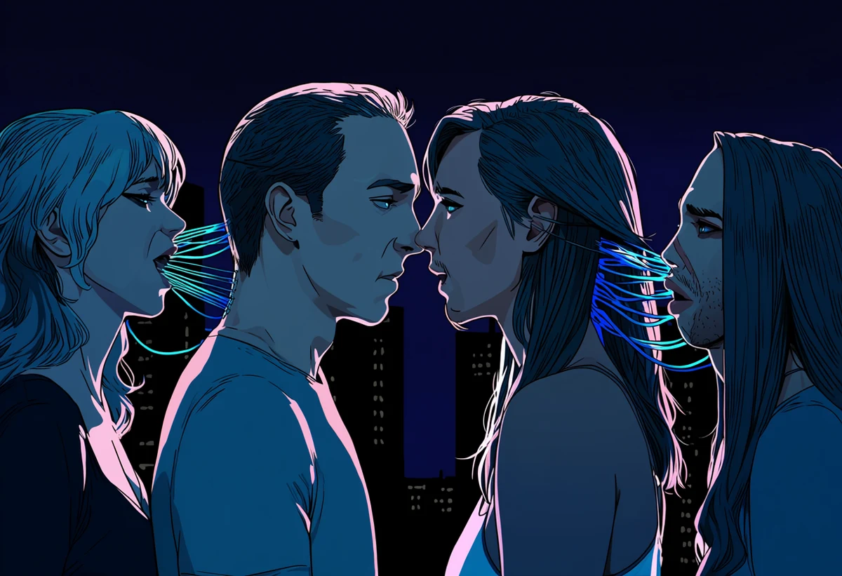 an adult couple age 31 and 38 connected by fiber cables at the nape in a dark apartment, shared sensation, cyan data glow, adult sci-fi manhwa art style