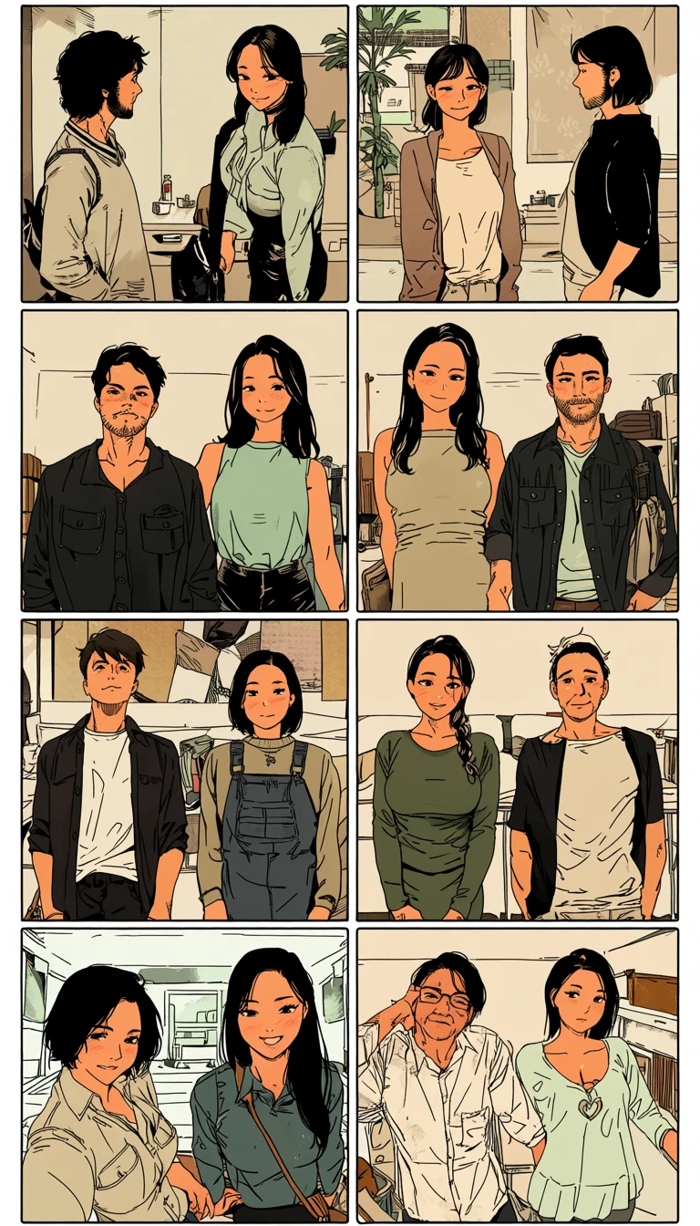 an adult couple age 33 and 35 drawn as a complete short story in six comic panels from meeting to morning, self-contained, ink and screentone, adult one shot comic page